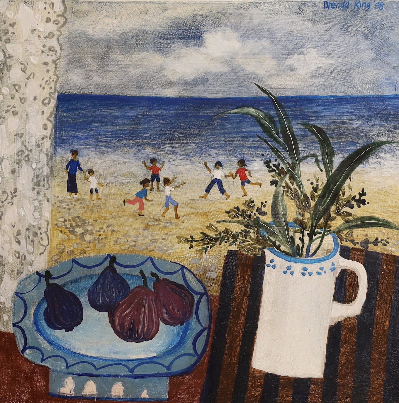 Brenda King (1934-2011), two oils on panel, 'Beach Game' and 'Dolly Pentreath', signed and dated '98, 20 x 20cm